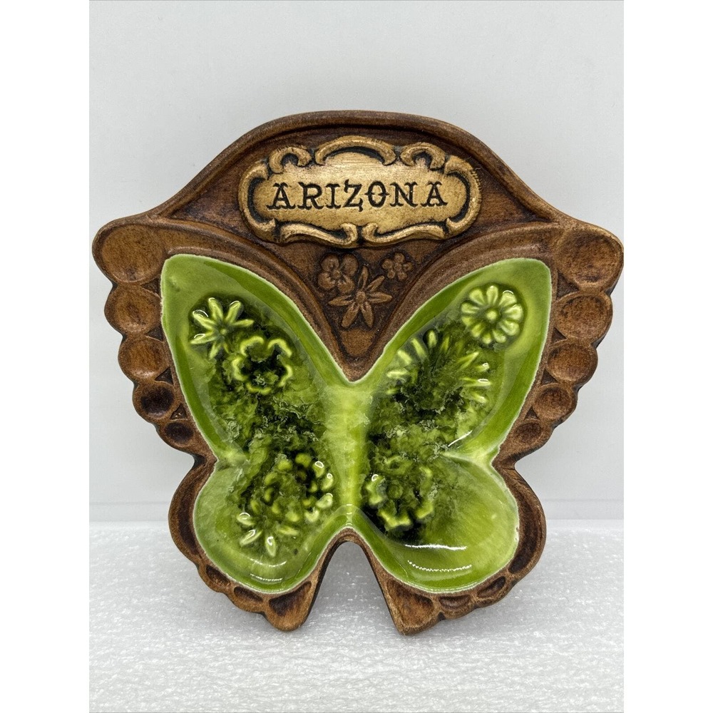 Vintage Treasure Craft Arizona Brown $ Green Butterfly Trinket Dish USA 5”